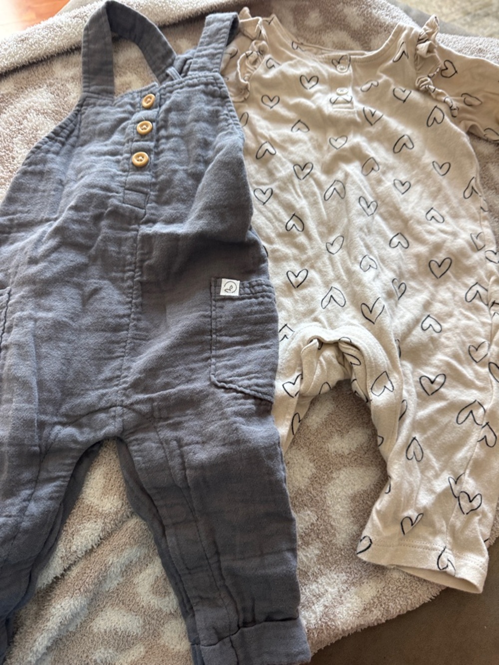 Gray Muslin Overalls + Cream Heart Romper Set